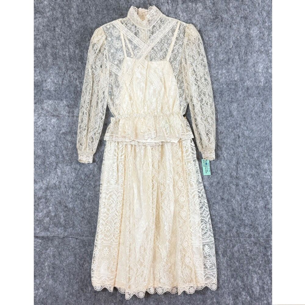 Wedding Ivory Lace Blouse Skirt Set Fit S(2/4) Victorian Gunne Sax Style Notches